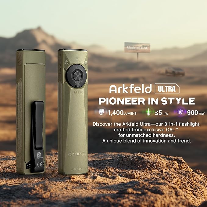 OLIGHT Arkfeld Ultra 1400 Lumens EDC Flat Flashlight, Rechargeable Compact Pocket Flash Light Combines White LED, UV and Green Beam, Triple Sources Perfect for Checking, Working (Olive-Green)