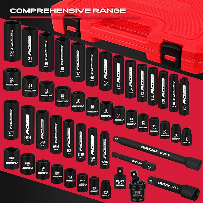 3/8" Drive Impact Socket Set - 49-Piece SAE (5/16 to 3/4 inch) and Metric (8-22mm) Sizes with Extension Bars and Universal Joint Standard & Deep CR-V Material for High Durability Impact Wrench