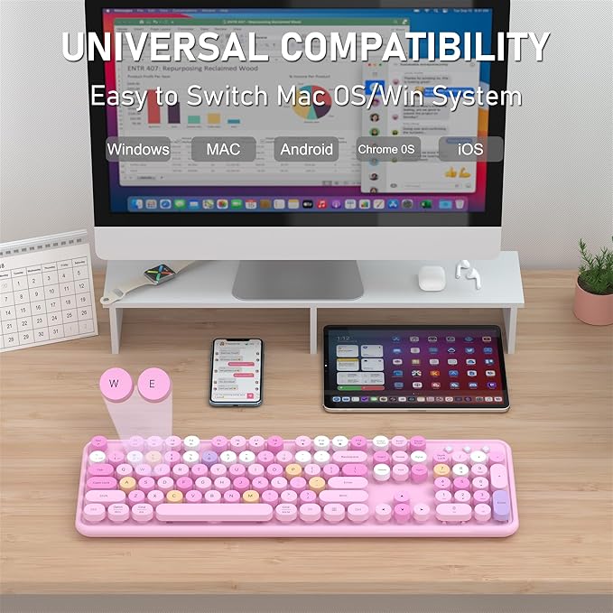 Colorful Wireless Bluetooth Keyboard, 2.4G & Dual Bluetooth Multi-Device, Typewriter Retro Round Keycaps 104 Keys Full-Size for PC Laptop Tablet Phone (Pink-Colorful)