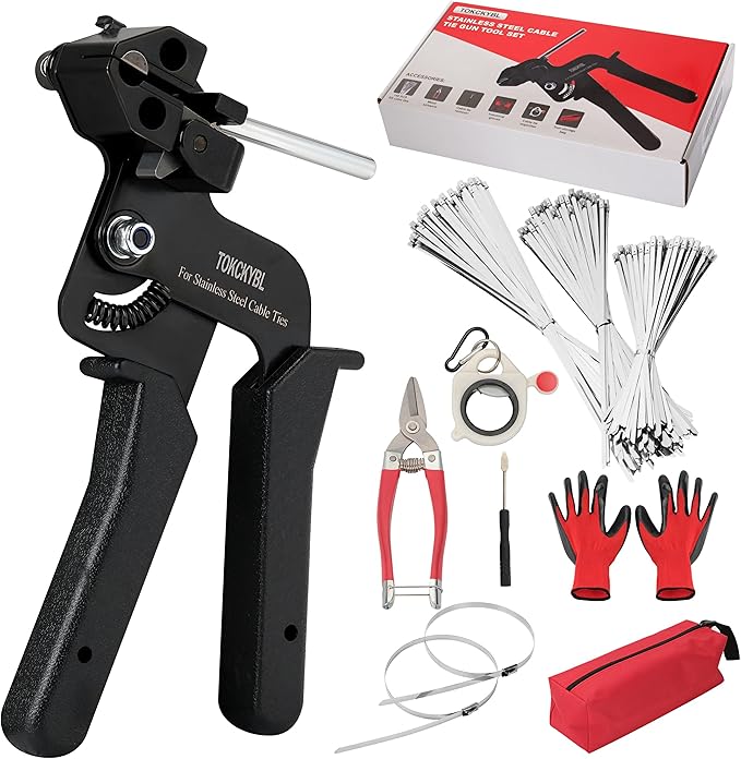 Stainless Steel Cable Tie Gun Set – Heavy Duty Metal Zip Tie Tool Kit with 150PCS Self-Locking Ties, Adjustable Fastening & Cutting Tool for Outdoor Fencing, Exhaust Pipes, Automotive (Black)