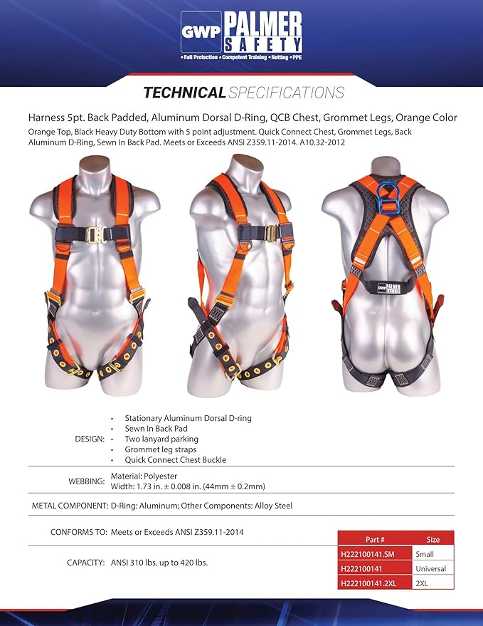 Palmer Safety Full Body Harness with 5 Point Adjustment, Dorsal D-ring, Grommet Legs, Two Side D Rings, and Fall Indicators