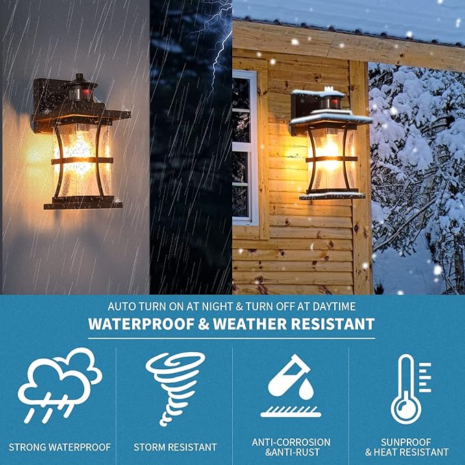 Motion Sensor Outdoor Wall Lights Fixture, Advanced Dusk to Dawn Exterior Lighting, Outside Light for House, Garage, Anti-Rust Waterproof Front Porch Lanterns Fixtures Wall Mount, Seeded Glass, Black