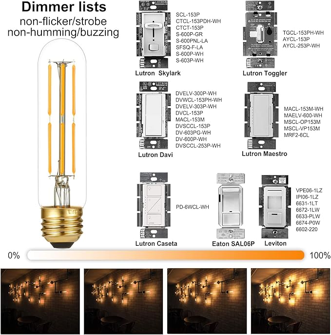 LiteHistory Dimmable E26 Edison Bulb 6W Equal 60 watt Light Bulb AC120V Warm White 2700K Edison Light Bulbs 60 Watt 600LM Tubular T10 led Bulb for Rustic Pendant,Chandeliers,Wall sconces,Vanity 6Pack