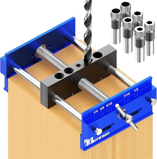 Upgraded 6.7 inch Self Centering Doweling Jig Kit, Drill Jig For Straight Holes Biscuit Joiner Set With 6 Drill Guide Bushings, Adjustable Width Drilling Guide Tool Accessory Jigs (Blue)