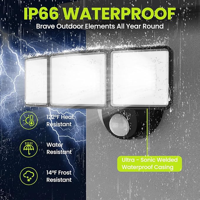 7500LM LED Security Light Motion Sensor Outdoor Lights, Adjustable 3 Head LED Flood Lights Outdoor, IP66 Waterproof, 38W Motion Detected Lights for Outside, House, Garage, Yard