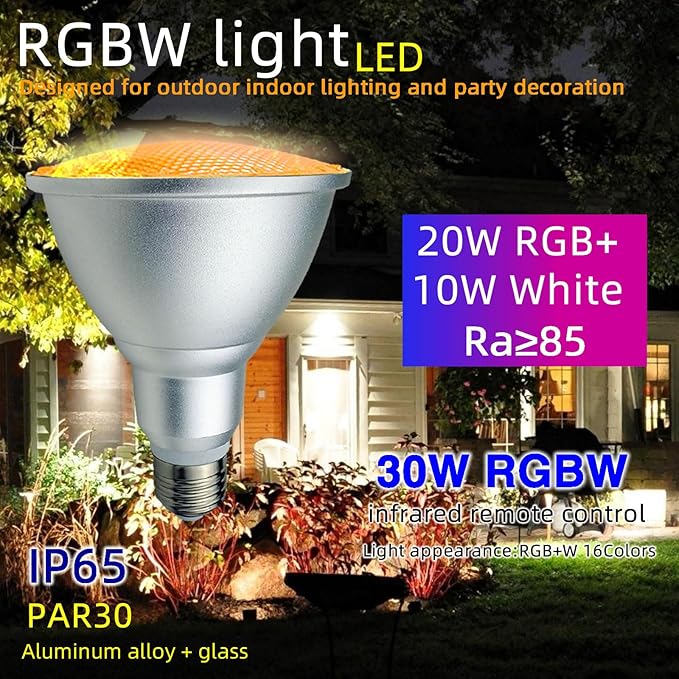 2Pack PAR30 LED Bulb, 30W RGB+Warm White(3000K) LED Flood Light Indoor/Outdoor, Dimmable Color Changing Spotlight with Remote Control, Lawn Lamp for Home Courtyard Christmas Party Decoration