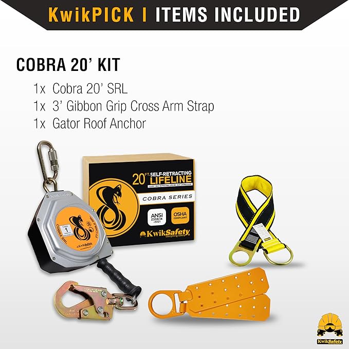 KwikSafety - Charlotte, NC - Cobra 20' KIT [Cable Self Retracting Lifeline + 3FT Cross Arm Strap + Roof Anchor] Class 1 SRL ANSI OSHA Retractable Fall Arrest Construction Roofing PPE Gear