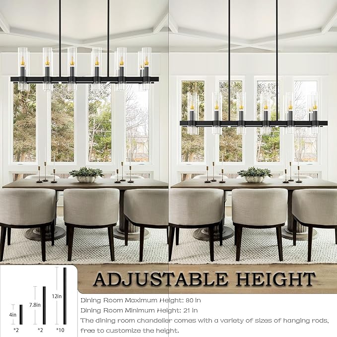 Modern Black Island Rectangle Chandelier with Clear Glass,48” Adjustable Height Modern Linear Light Fixture 12 Light Dining Room Chandelier Over Table for Dining Room Kithen Island