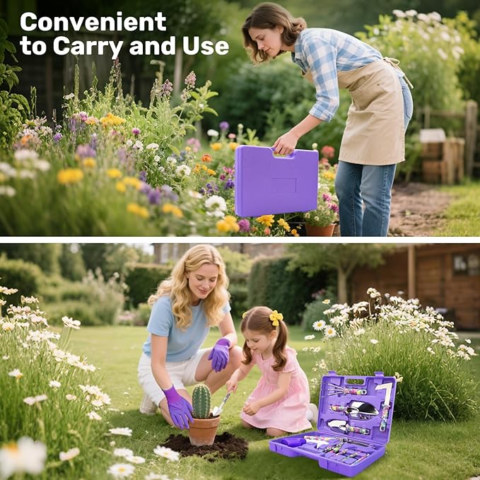 Garden Tool Set, 17-Piece Garden Tools with Floral Print, 304 Stainless Steel Garden Tools Set, Gardening Kit Gardening Gifts for Women, Purple