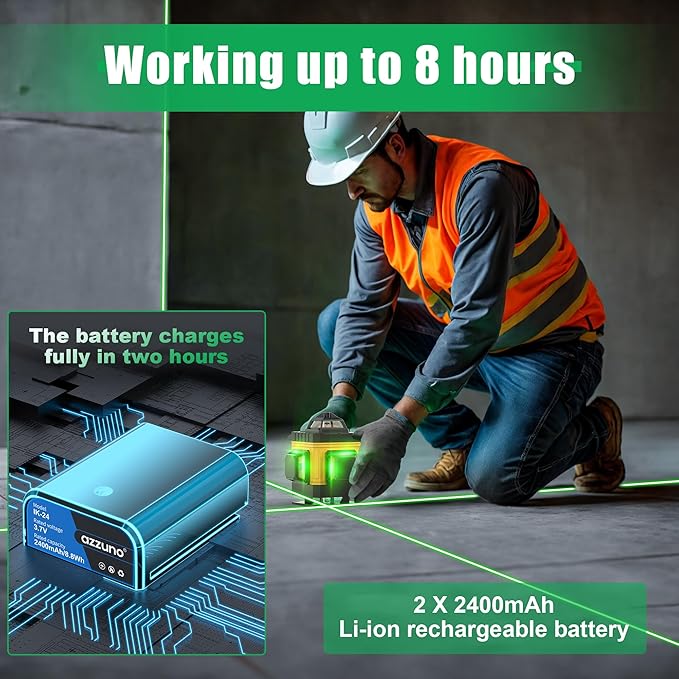 AZZUNO Laser Level 360 Self Leveling Green Beam with LCD Screen, 4x360 lazer leveler tool, Rechargeable Battery & Magnetic Base - Ideal for Construction, Tiling,yellow