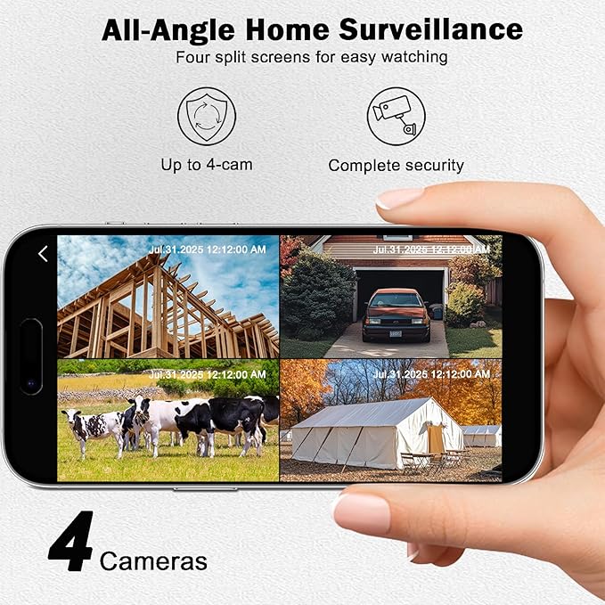 Solar 4G Security Cameras kit Wireless Outdoor, 4 Cam-Kit, SIM Card Included Base Station, LTE Cellular Solar Security Camera System with 360° Pan & Tilt, 2.5K 4MP Color Night Vision, one-Step to use