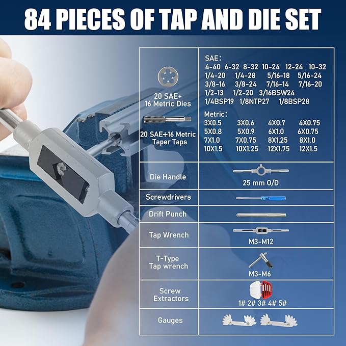 84pc Tap and Die Set in SAE & Metric Sizes, Standard Tap Set and Die Tool Set for Threading and Rethreading Internal and External Threads, M3-M12 Thread Repair Kit