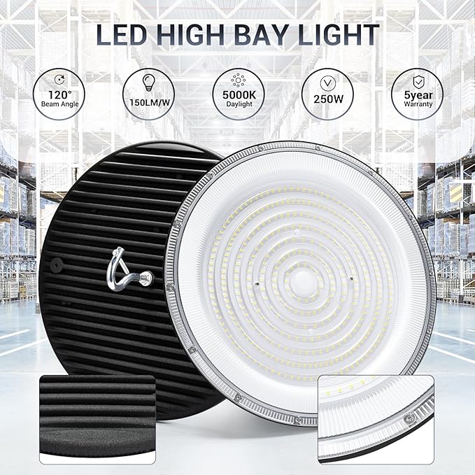 250W UFO Led High Bay Light,120VAC,5000K Daylight Commercial Bay Lighting,IP66 Waterproof,41050LM,1150W MH/HPS with Plug Area Lighting for Warehouse/Shop/Workshop/Barn/Gym/Factory