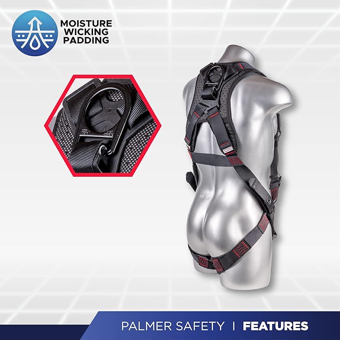 Palmer Safety Full Body Harness with 5 Point Adjustment, Dorsal D-ring, Grommet Legs, Two Side D Rings, and Fall Indicators