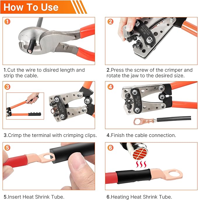 Kuject Battery Cable Lug Crimping Tool Kit with Copper Wire Lug AWG 1 2 4 6 8 1/0 Gauge, Wire Crimper for AWG 10-1/0 with Cable Cutter, 110PCS Battery Cable Ends with 110PCS 3:1 Heat Shrink Tubing