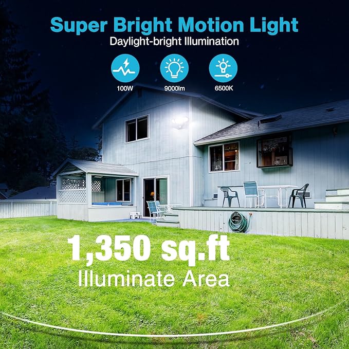 Olafus 100W LED Security Light Motion Sensor Outdoor Light, Motion Flood Light Dusk to Dawn, 9000LM Super Bright 6500K Exterior Motion Detector Floodlight for Garage Yard Porch Eave IP65, Black