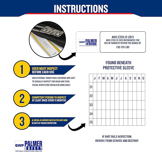 Palmer Safety Safety Harness w/Detachable 6 ft Lanyard I Single Leg Lanyard w/Internal Shock Absorbing & Snap Hook