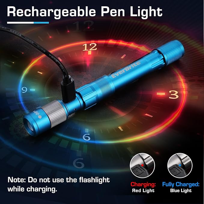 EverBrite Pen Light, Rechargeable Pen Flashlights, 300 Lumens Zoomable LED Small Flashlight with Clip, Memory Function, USB-C Cable Included, Pocket Size for Camping, Emergency, Mechanic, Blue
