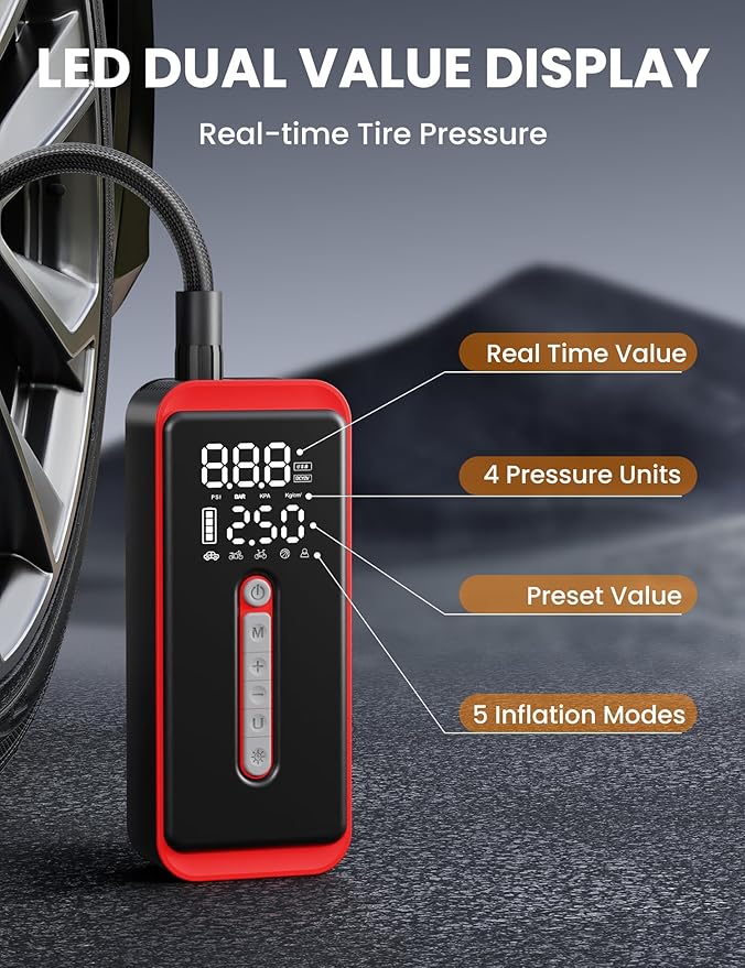 ROTOPATA Electric Tire Inflator Portable Air Compressor 12V DC, 150PSI Cordless Air Pump with LED Light & Digital Pressure Gauge for Car Bike Motorcycle Wheel Ball Inflatable(Red)