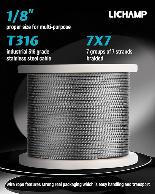 Lichamp 650FT 1/8" Stainless Steel Wire Rope Cable, Aircraft 316 SS Braided Steel Wire Thin Metal Cable Hardware for Deck Railing Handrail Safety System, SSC650