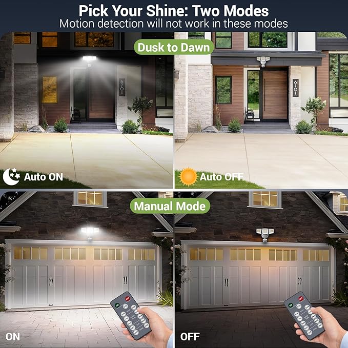 NOVOSTELLA Security Lights Motion Sensor, 1Pack LED Flood Lights Outdoor with Remote, Dusk to Dawn 45W 5000lm 5000K, 3 Heads Wired Wall Adjustable Floodlights, IP65 Waterproof for Garage Yard House