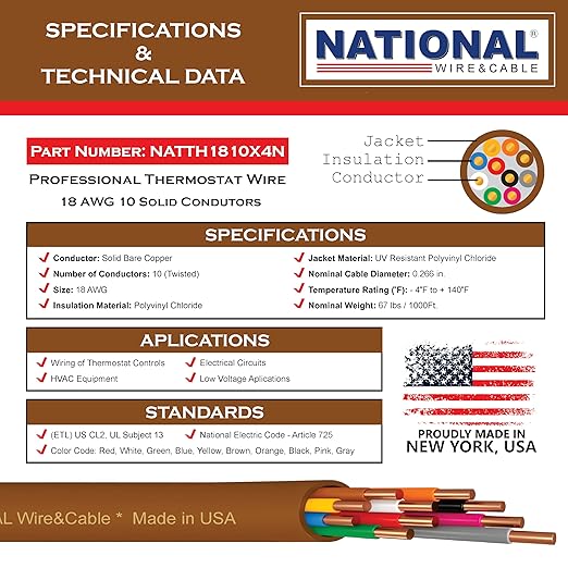 18/10 25Ft. NATIONAL Wire&Cable Thermostat Doorbell HVAC Heating Control Professional Cable Wire - Made in USA - 100% Solid Copper Conductors, CL2 ETL Listed, Low Voltage Applications Use