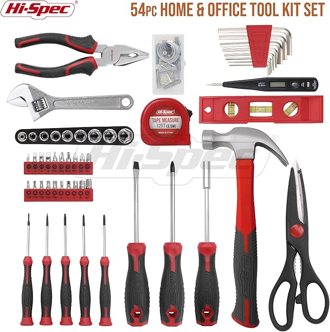 Hi-Spec 54pc Red Household Tool Kit – Essential DIY Hand Tool Set with Toolbox for Home, Garage, Office, Basic Repairs, First Apartment, New Home & Everyday Home Improvement