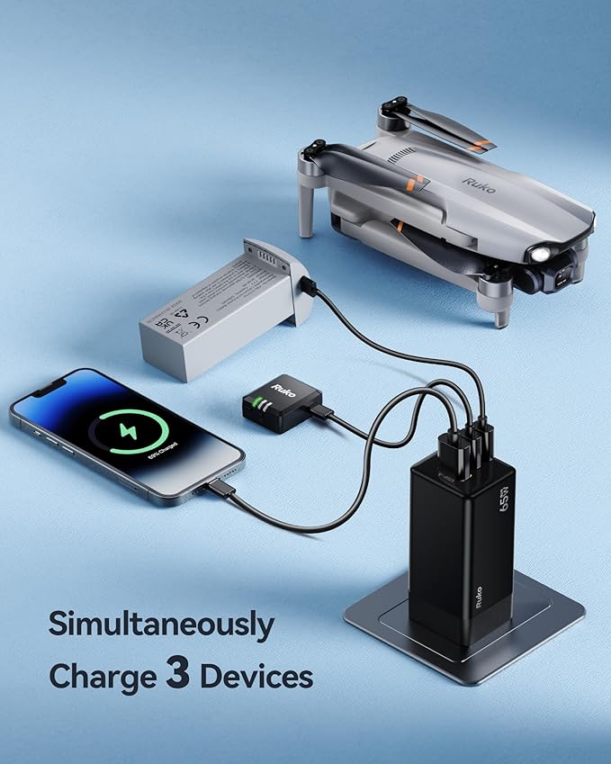 Ruko 65W USB C Charger, 3 Port International Travel Charger Kit, GaN Fast Charging Block with Portable Bag Cable UK EU Plug for iPhone 16/Pro, Galaxy S24, MacBook, iPad, Steam Deck, Drones