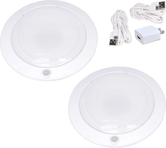 Good Earth Lighting Rechargeable LED Tap Lights (2-Pack) 7-Inch White Round Closet Light, Motion Sensor, 300 Lumens, 4000K, Auto Timer with Command Strips by 3M for Damage Free Mounting, USB Charger