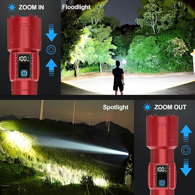 Rechargeable Flashlights High Lumens - Super Bright LED Tactical Flash Light, Powerful Waterproof Handheld USB C Flashlight for Camping,Emergencies,Home,5 Modes,Zoomable (2, Red)
