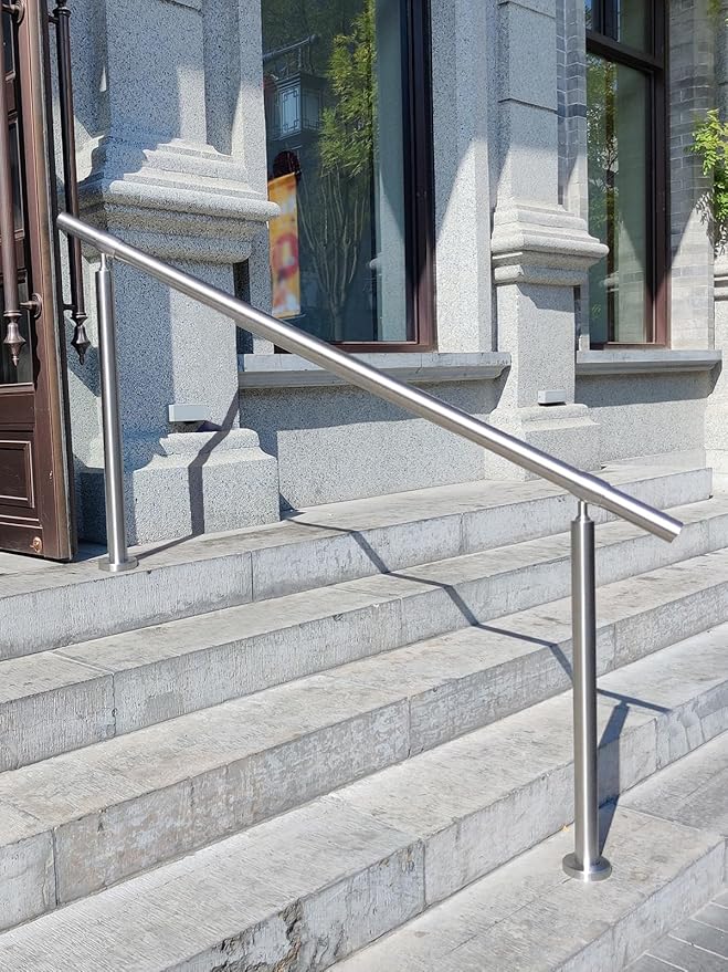 Outdoor 5 Step Handrail, DIY 304 Stainless Steel Transitional Hand Rails with Installation Kit,Silver Porch Stair Railing for Concrete Brick or Wooden Steps, 67x36