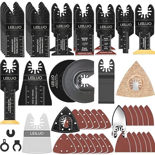 LEILUO 112 Pcs Multitool Blade Kits Cutting Sanding Grout Removal Universal Oscillating Tool Accessories with Storage Bag Compatible with DeWalt Makita Dremel and More