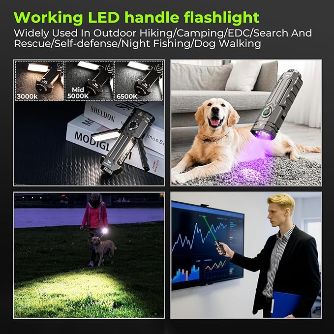 Wurkkos HD02 Flat LED Flashlight, Magnetic Deformation, 3200 Lumens, 5000 mAh Rechargeable, 3000K-6500K, Four-Light Sources, Folding Wing Lighting/Spotlight/UV Light/Green Light/MagneticTail,IPX6