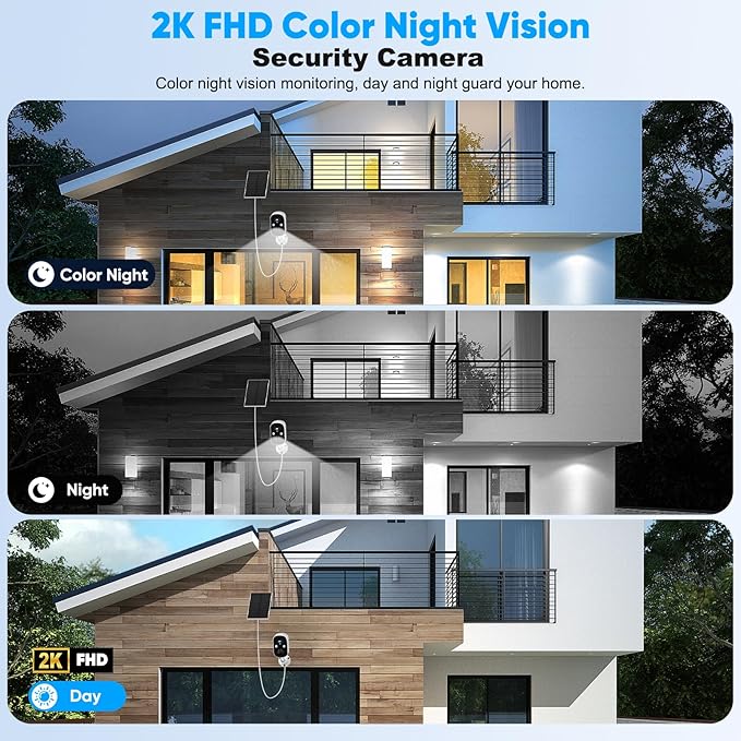 Solar Security Cameras Wireless Outdoor,2K Solar Camera Wireless for Home, 2.4GHz WiFi,Color Night Vision,Two-Way Talk,IP66 Waterproof,Two Spotlights,Cloud/SD(2 Packs,White)