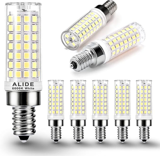 ALIDE E12 75 Watt Replacement LED Candelabra Bulbs C7,6000K Daylight Bright Cool White,800LM T6 7.5W LED E12 Chandelier Light Bulbs for Ceiling Fan Pendant Lighting,Non-dimmable,6 Pack