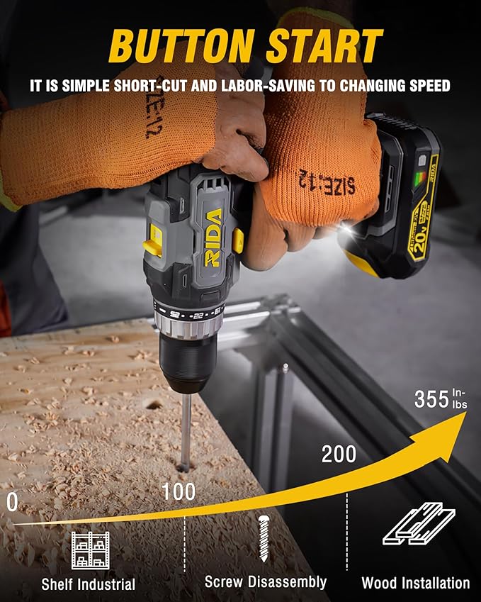 RIDA Cordless Drill Power Drill Cordless 20V 1/2'' Keyless Metal Chuck 355 In-lb(40N.m) Torque with 2.0AH Li-ion Battery & Fast Charger, Variable Speed, 25+1 Position and 22pcs Bits