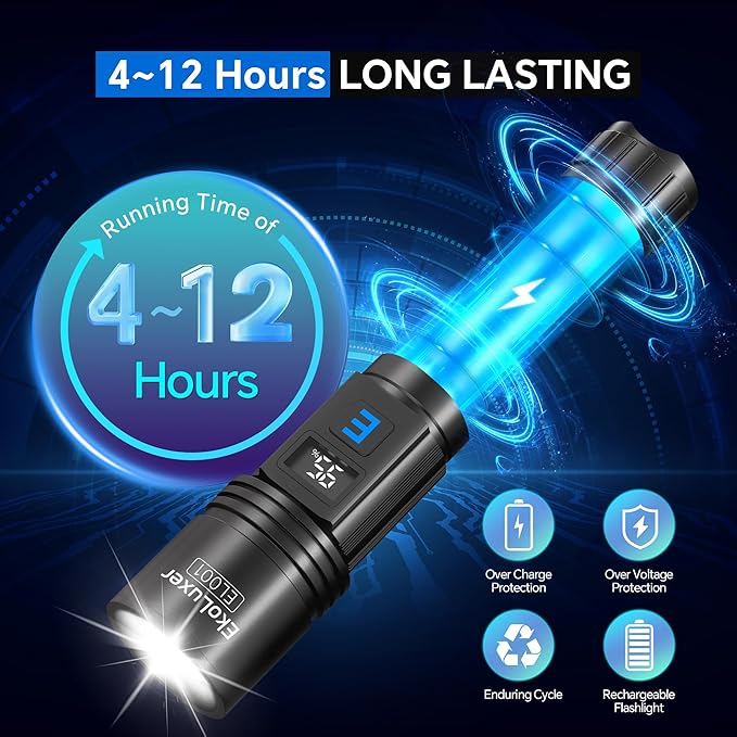3Pack Rechargeable Flashlights 990,000 High Lumens, Super Bright Flashlight with LCD Digital Display, 5Modes Adjustable LED Flashlight Tactical Flashlights High Powered, Flash Lights for Emergency