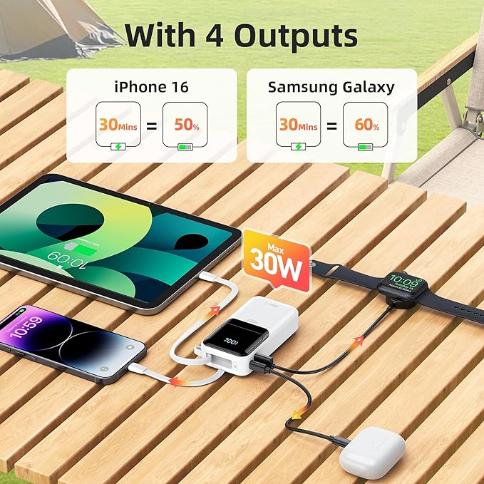 PD 30W Fast Charging Portable iPhone Charger 10 000mAh Mini Size Power Bank with Built in USB C & Lightning Cable, LED Display, Travel Battery Pack for iPhone 16/15/14/13 Series Samsung etc