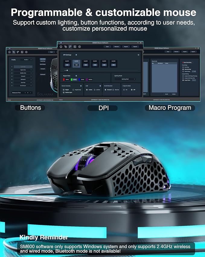 SM600 Honeycomb Shell Gaming Mouse Wireless,Tri-Modes BT5.1/2.4G Wireless/Type-C Wired Gamer Mouse with 2 Side Buttons, Macro Programmable and RGB Light for PC/Mac/Laptop,Black