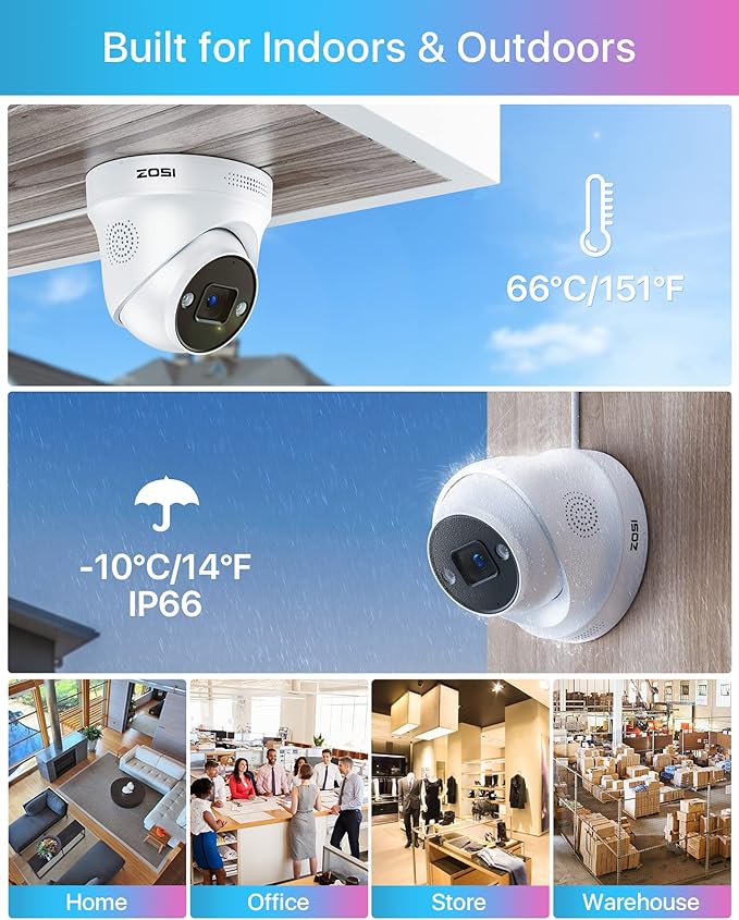 ZOSI 4K Spotlight PoE Security Camera System with Person Vehicle Detection,2 Way Audio,Color Night Vision,8 Port 16CH 8MP NVR with 2TB HDD,4pcs 5MP Outdoor PoE IP Cameras for Home 24/7 Recording