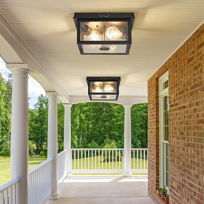 Adjustable Motion Sensor Ceiling Light Fixture Outdoor Modern Design of Squares Flush Mount 2-Light Textured Black with Clear Glass for Your Porch,Garage,Patio,Hallway,Front and Back Yards