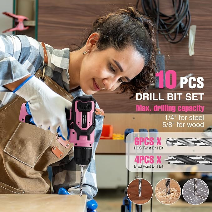 WORKPRO Pink Power Drill Set and Stackable Tool Box, 8V Cordless Drill Driver with Bit Set, 2.0Ah Electric Cordless Screwdriver Kit with 3/8" Keyless Chuck, For Home DIY- Pink Ribbon
