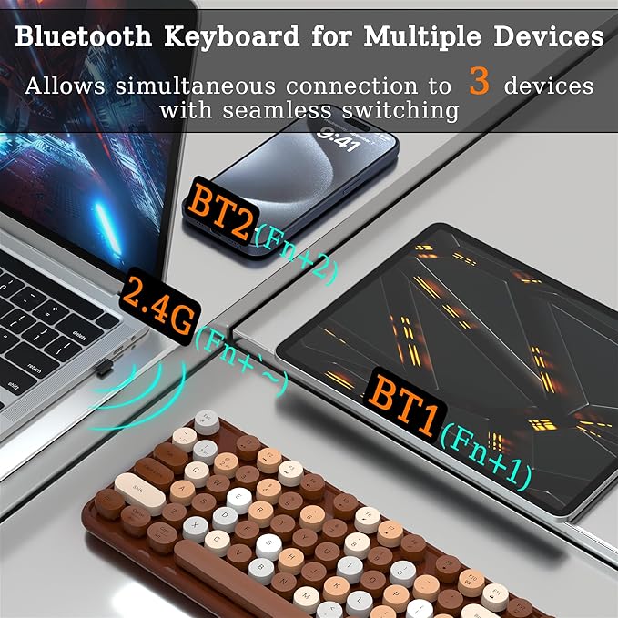 Wireless Bluetooth Keyboard, Retro Typewriter Style Keyboard, Full-Size with Round Keycaps, 2.4GHz Plug and Play Connection for Windows, Mac, Laptop, PC, Desktop (Coffee-Colorful)