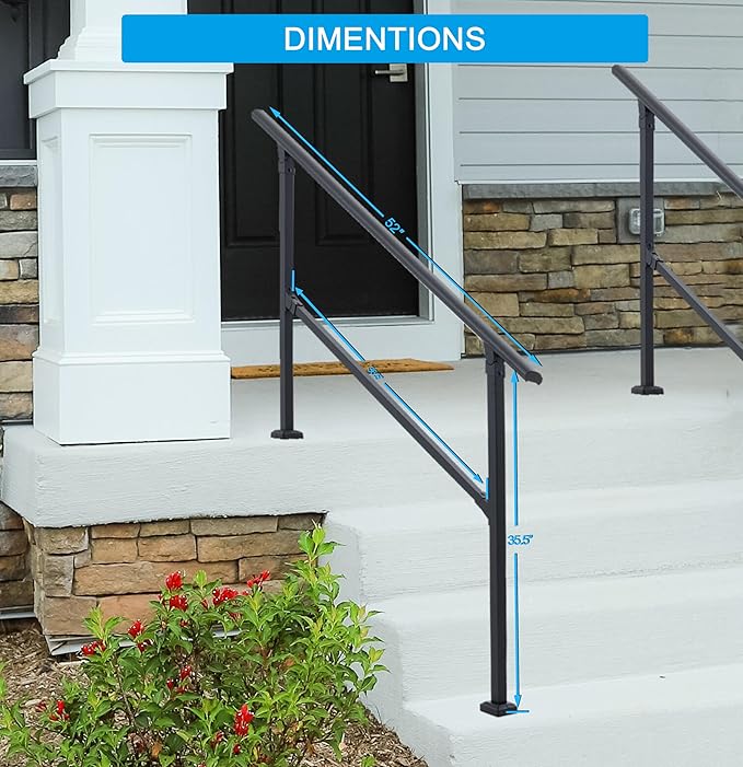 4 Steps Handrail for Outdoor Steps, Premium Aluminum Alloy Railing Set, Porch Railing Kit,Free Installation Kits Included, Used Under Harsh Weather Conditions,Rust Free for 3-4 Steps，Set of 1