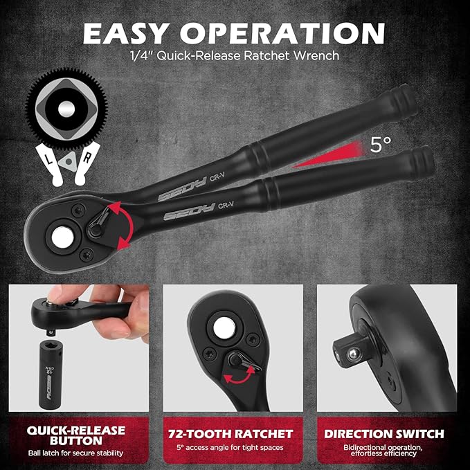 63-Piece Metric 1/4" Drive Socket Set & Nut Driver Set, Impact Standard & Deep Socket Set (4-15mm), 1/4" Hex Shank 6" Magnetic Nut Drivers, Extension Bar, Quick-Release Ratchet handle, Universal Joint