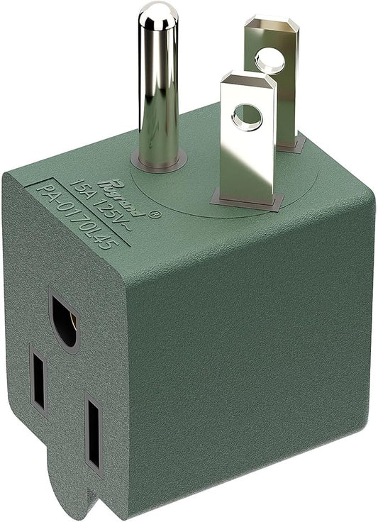 90 Degree Leftward Angled USA 3-Prong Male-Female Adapter, 5-15P to 5-15R Direction Changer, Green