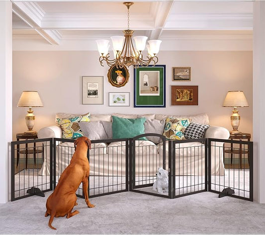 JSB 144-inch Extra Wide 30-inch Tall Dog gate with Door Walk Through, Freestanding Pet Gate for Halls, Stairs & Home, Pet Puppy Safety Dog Fence with 2PCS Support Feet (Black)