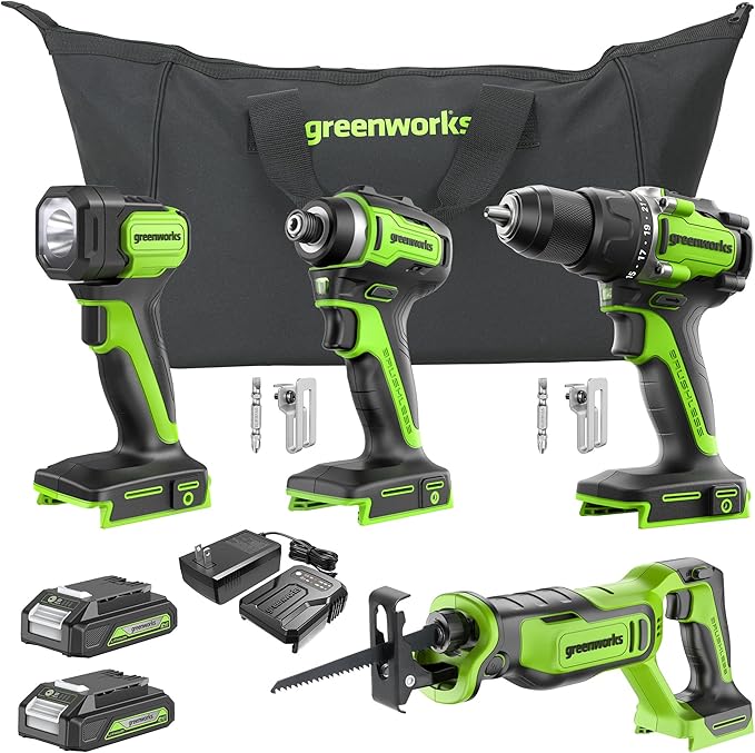 Greenworks 24V 4pcs Brushless Power Tool Combo Kit, 530 in-lbs 1/2" Drill Driver, 1950 in-lbs 1/4" Impact Driver,3000 SPM Reciprocating Saw,200 lumens Flashlight,2 * 2Ah Battery and Fast Charger