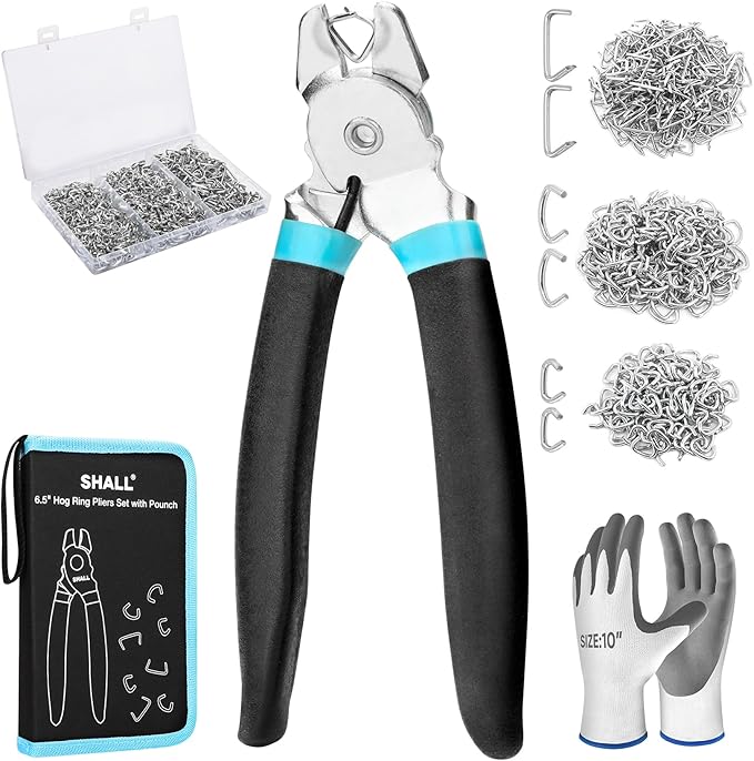 SHALL Bent Hog Ring Pliers Kit with 600pcs Galvanized Hog Rings (3/8’’, 1/2’’, 3/4’’) for Upholstery, Fence, Animal Pet Cages, Bungee Cords, Bagging, Protective Gloves, Storage Case & Bag Included