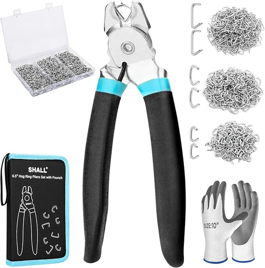 SHALL Bent Hog Ring Pliers Kit with 600pcs Galvanized Hog Rings (3/8’’, 1/2’’, 3/4’’) for Upholstery, Fence, Animal Pet Cages, Bungee Cords, Bagging, Protective Gloves, Storage Case & Bag Included